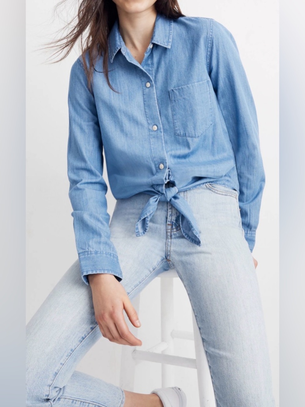 Madewell Denim Chambray Tie-Front Button Down Cropped Shirt Sz XS/S